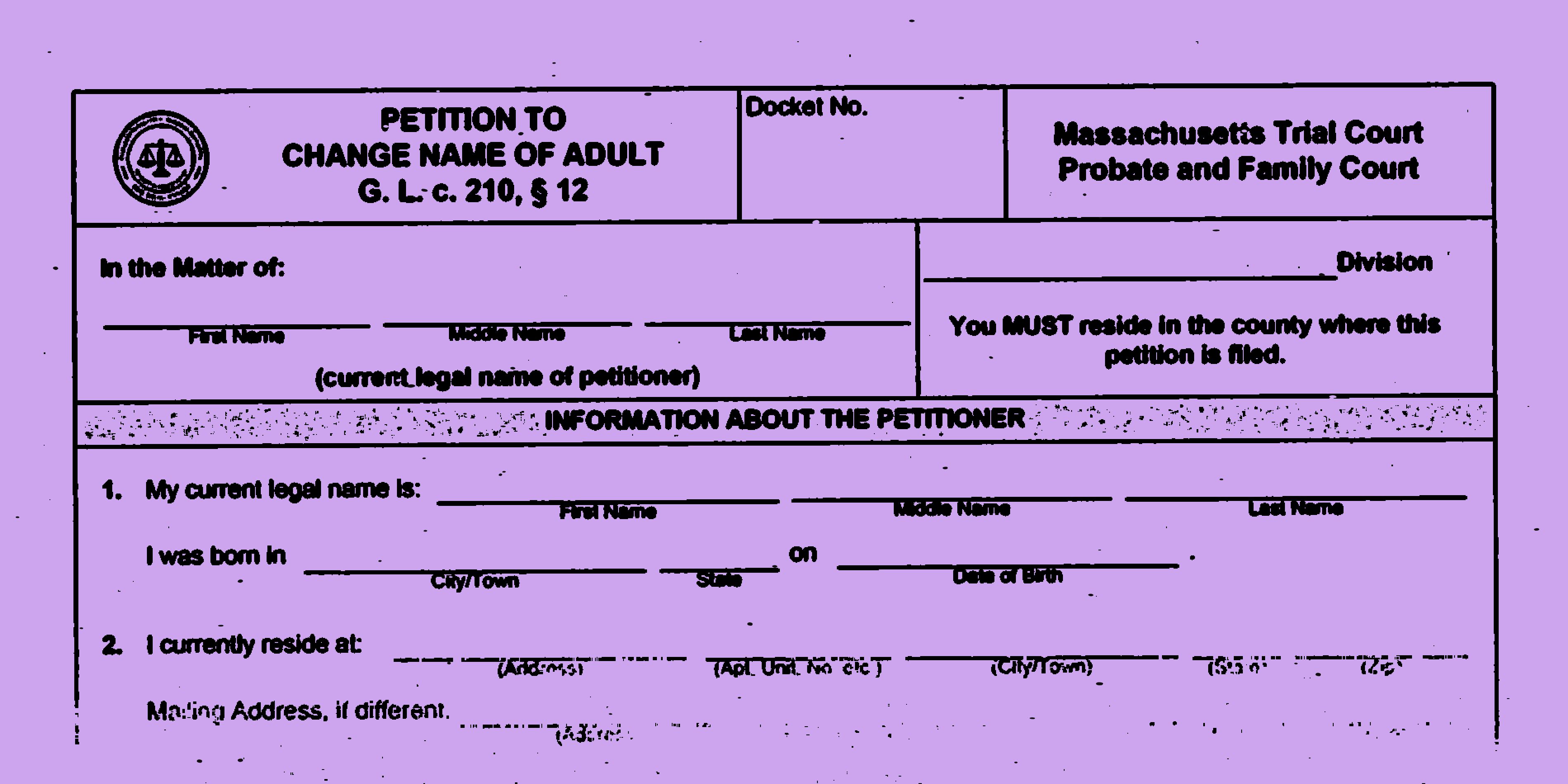 A photocopy-style image on a lavender background of a government form titled "Petition to Change Name of Adult"