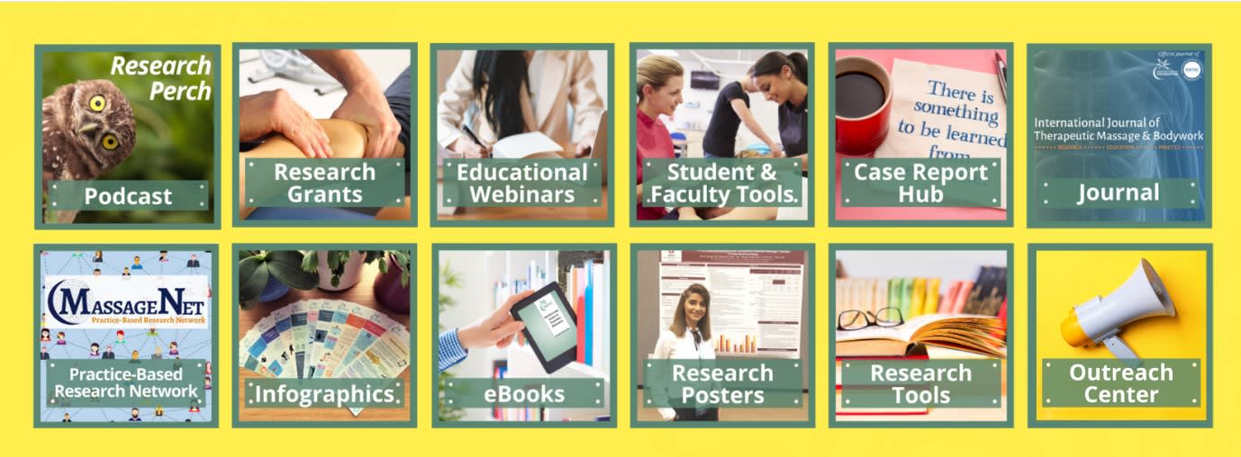 Massage Therapy Foundation offers free resources: case report, hub, community service, e-books, educational webinars, infographics, International Journal of Therapeutic Massage and Bodywork, pain research database, outreach center, podcasts, MassageNet research network & research posters