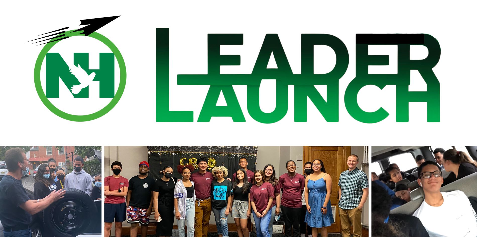 Leader Launch logo with photos of New Hope youth participating in group activities, including Alejandro Barrios with peers in a van, at a graduation event, and learning during a hands-on car demonstration.
