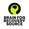 Logo depicting a bright green human head profile with a black brain silhouette inside a black circle above the bold uppercase text “BRAIN FOG RECOVERY SOURCE.”