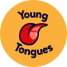 Circular Young Tongues logo on a warm yellow background, featuring the words ‘Young Tongues’ in dark blue and a stylised red tongue with a heart shape at its centre.