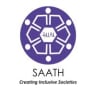 A purple circle with a hexagon diagram inside, made in white, with a tagline which says SAATH creating inclusive societies. 