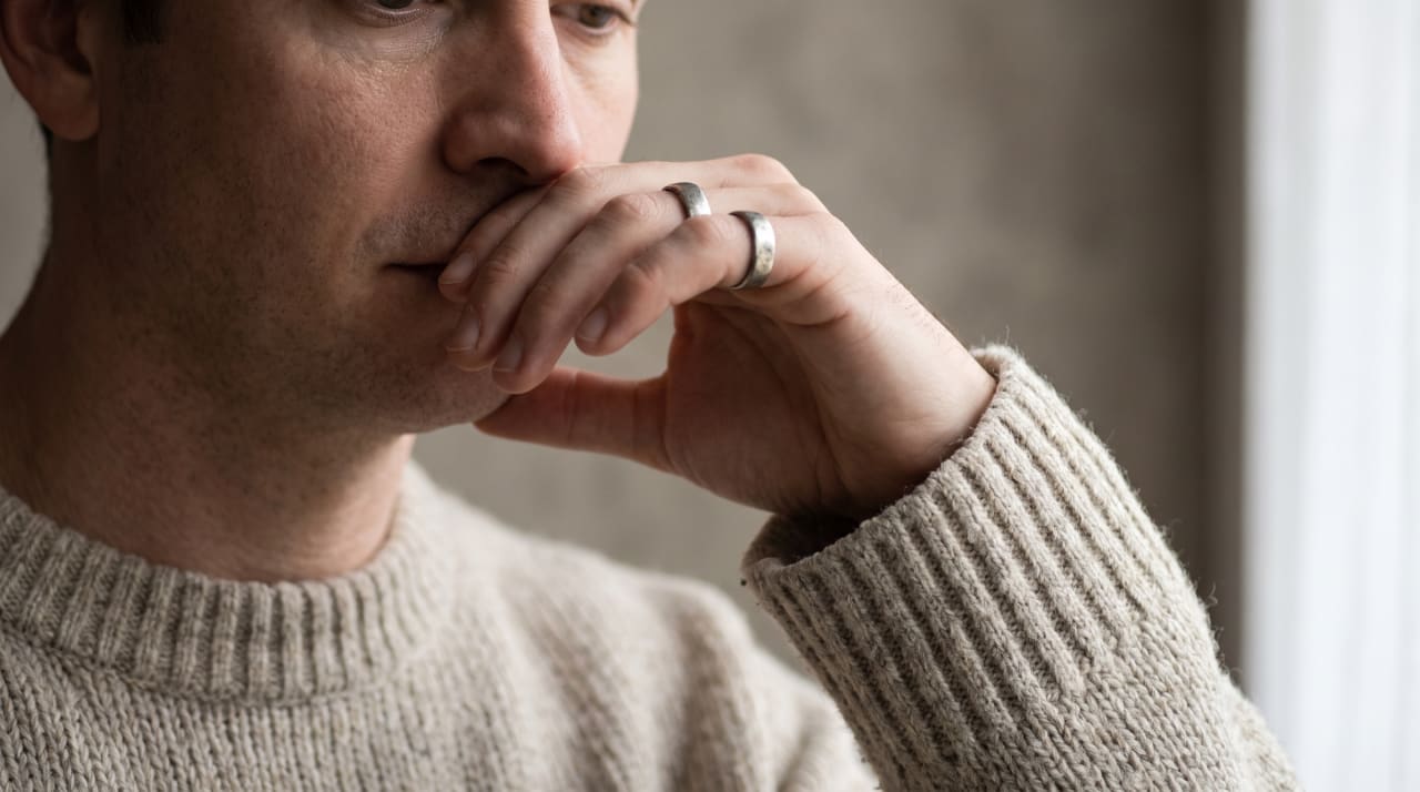 A man in an oatmeal sweater holding his fingers against his lips, looking down.