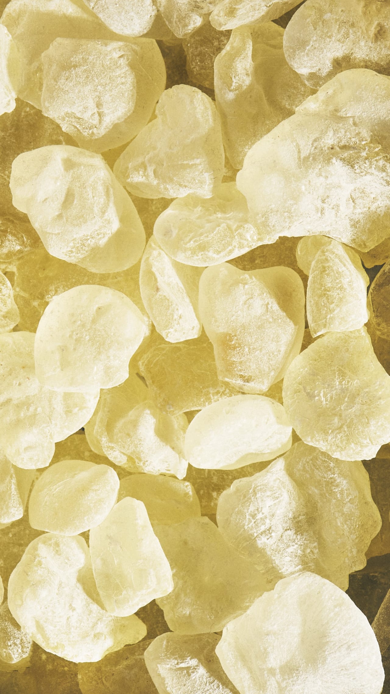 Translucent golden mastic resin "tears" in a wooden bowl.