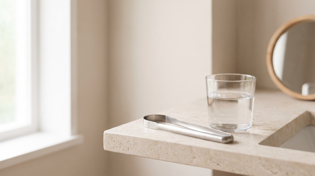 A stainless steel tongue scraper beside a glass of water on a pale stone bathroom shelf, a round mirror behind.