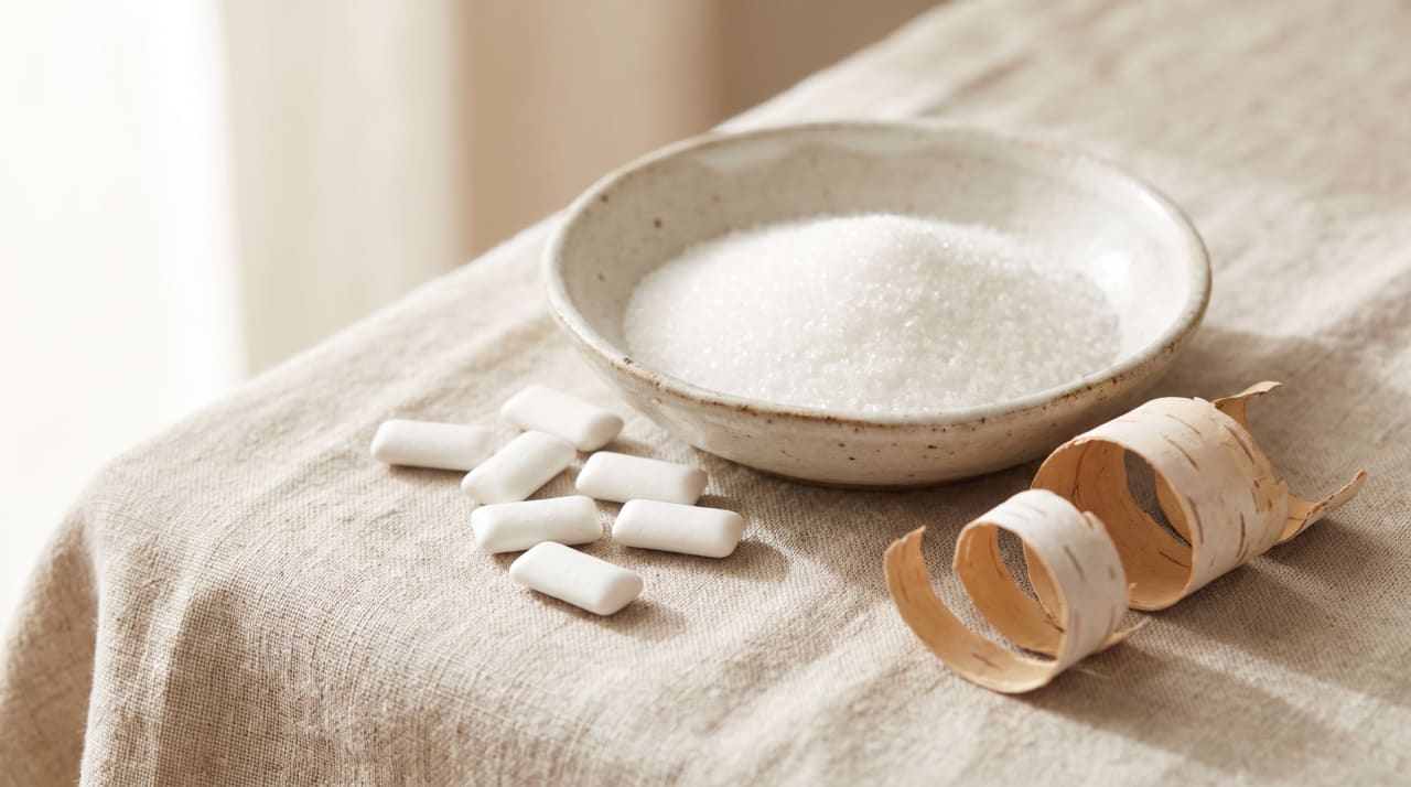 Pellets of plain white chewing gum beside a ceramic dish of fine white crystals and curls of birch bark on a linen cloth.