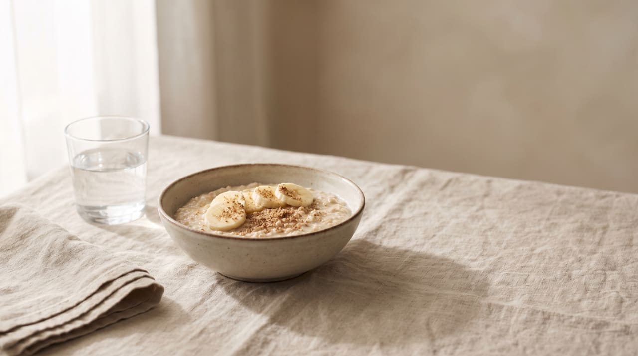 A bowl of porridge topped with banana slices and ground flaxseed beside a glass of water on a linen tablecloth.