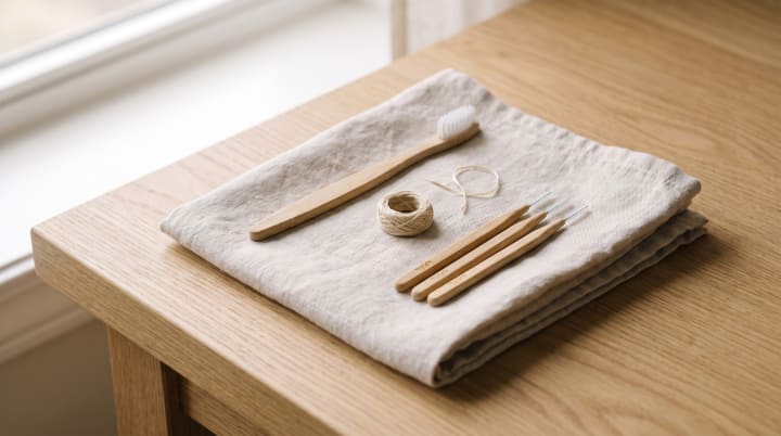 A soft toothbrush, a small coil of floss and three interdental brushes laid on a folded linen towel.