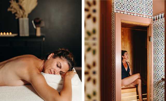 Une femme se faisant masser au spa de l'Hôtel Ermitage tandis qu'une autre se détend dans le sauna