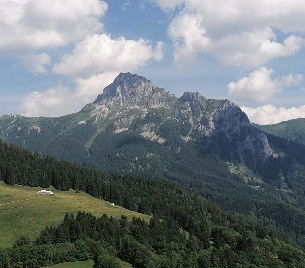 Vue sur les montagnes du Chablais avec forêts et ciel bleu