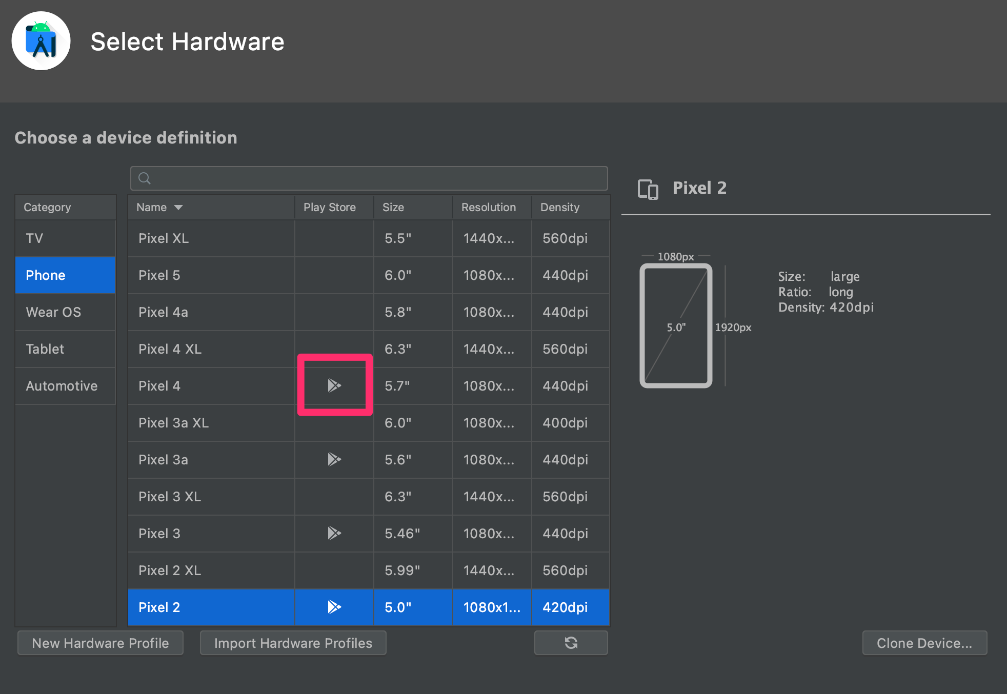 The Select Hardware window with a list of Android devices. The Play Store icon is highlighted.