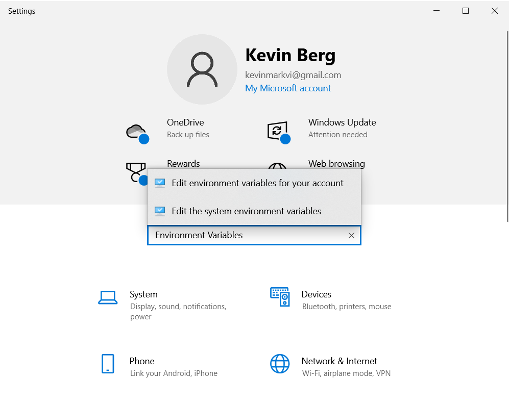 The settings app from Windows 10 with Environment Variables entered into the search bar. Two options are present one to edit the system environment variables and the other to edit the environment variables for your account.
