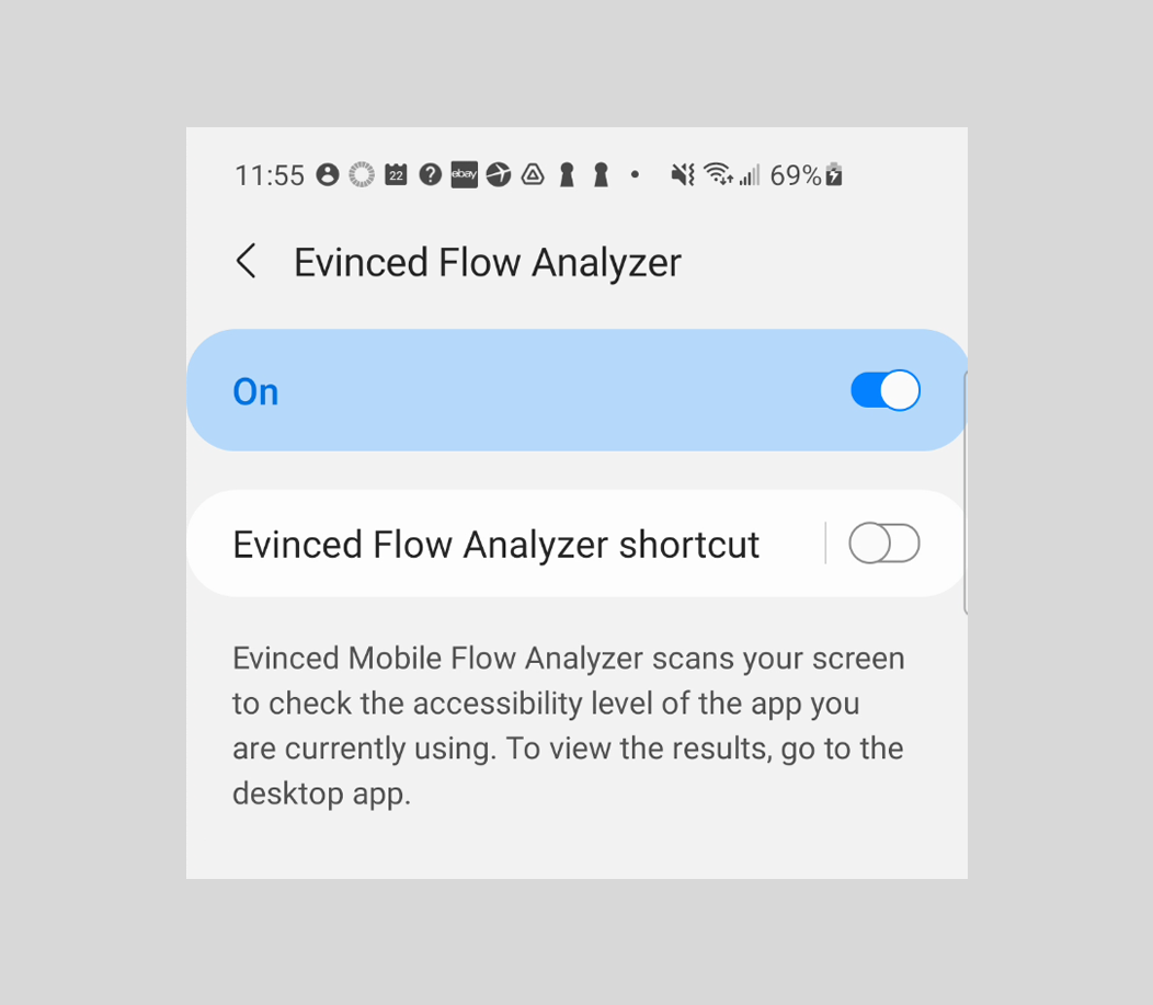 The Android Settings page with a switch that turns on the Evinced Flow Analyzer service.