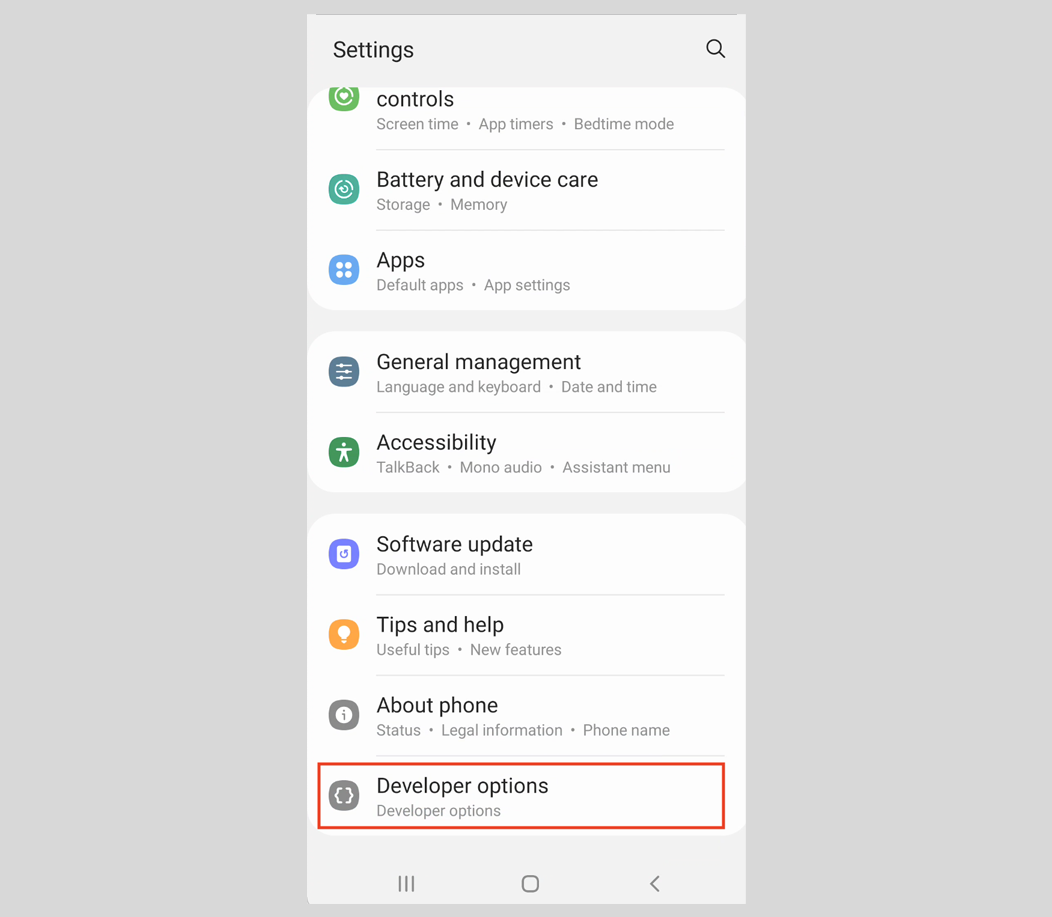 The Android Settings app screen with Developer options highlighted.
