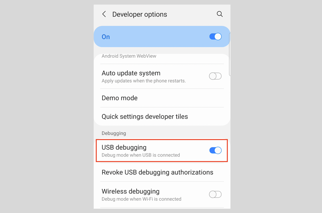 The Android developer options page with the USB debugging switch in the on position.
