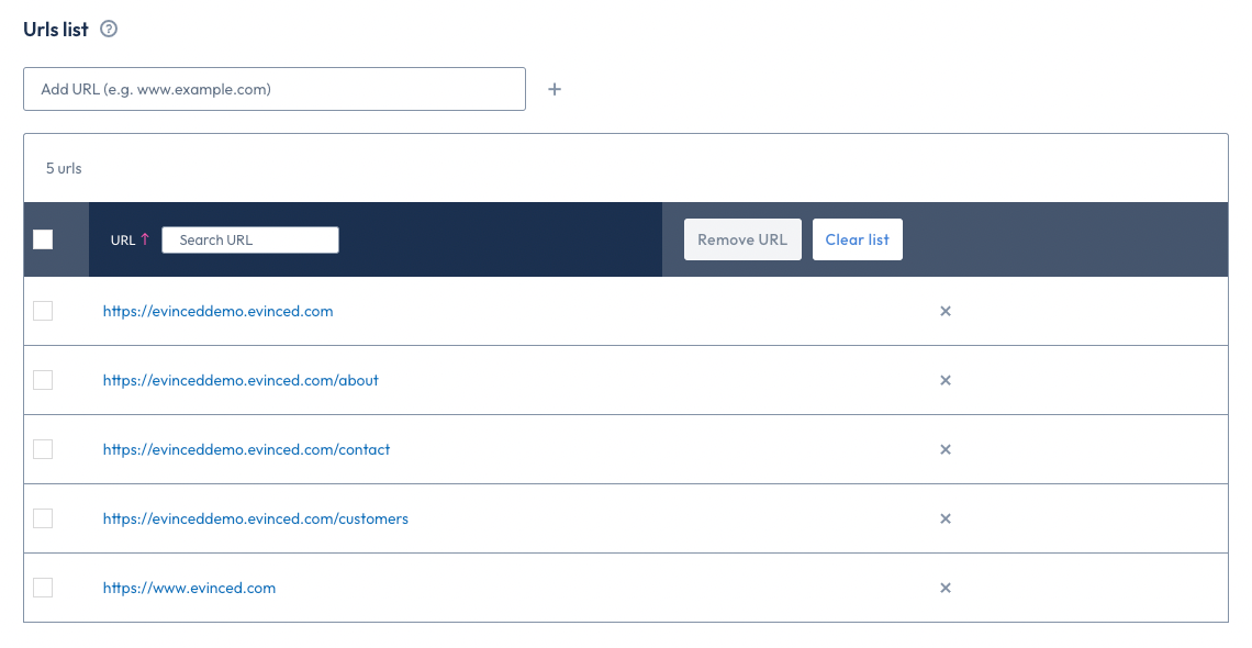 A list of URLs within list mode table. URLs can be searched, selected, or removed from the list.