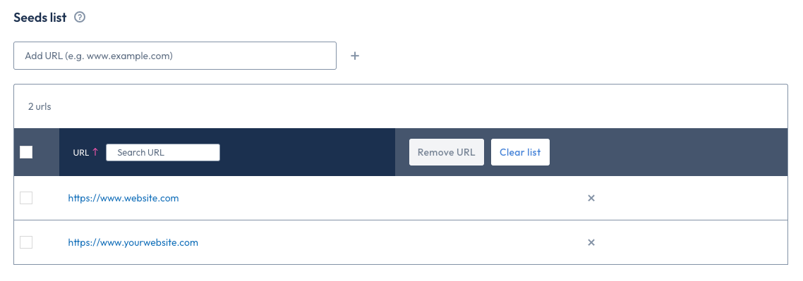The Add seed URL input field, below it is the URL seeds list table where URLs can be searched, selected, or removed.