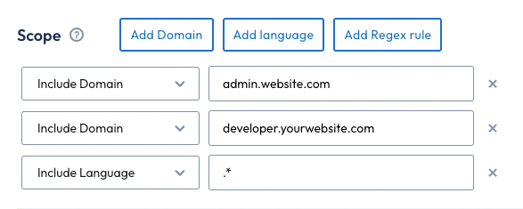Lists the scope options. An include domain for admin.website.com, and include domain for developer.website.com, and an include language for all languages.