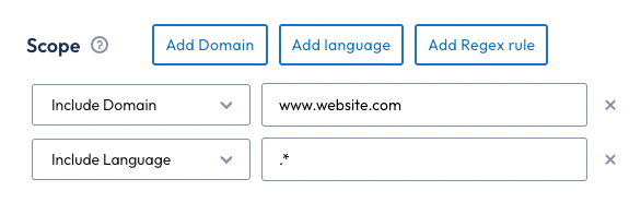 Lists the scope options. An include domain for www.website.com, and an include language for all languages.