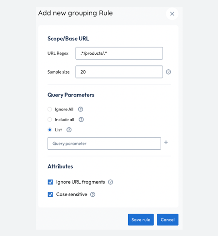 Grouping rules panel that shows grouping options, In this case it is set to sample only a handful of product pages