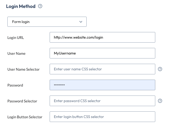 The needed fields for a form login to be completed when running a scan. This includes Login URL, username, username selector, password, password selector, and login button selector.