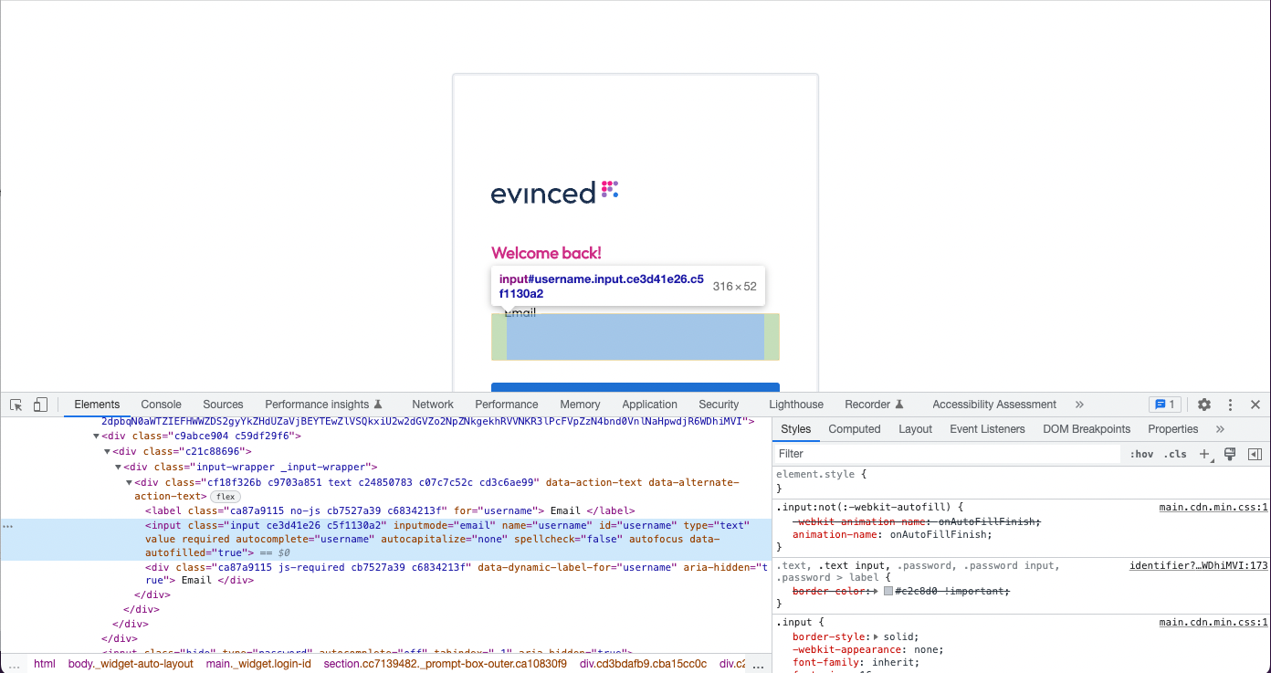 A browser window with the chrome dev tools displayed and the email input box highlighted. both in the UI and the html within the dev tool window.