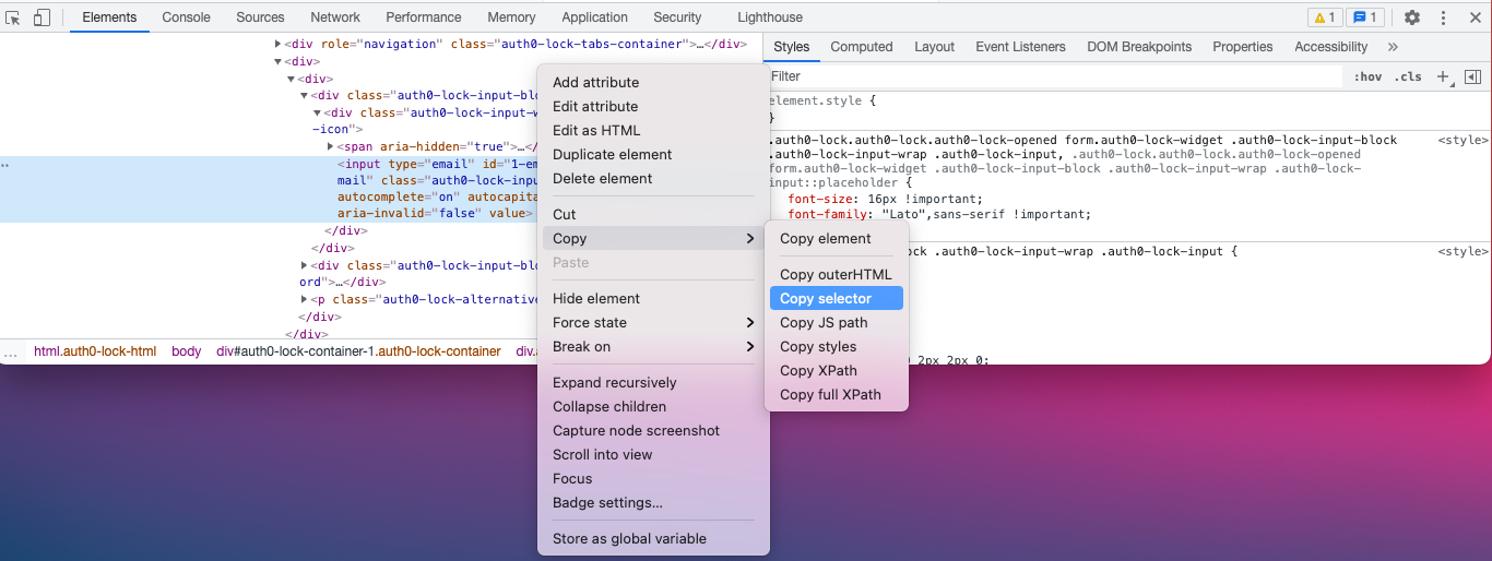The menu item navigation to copy the css selector of the highlighted element.