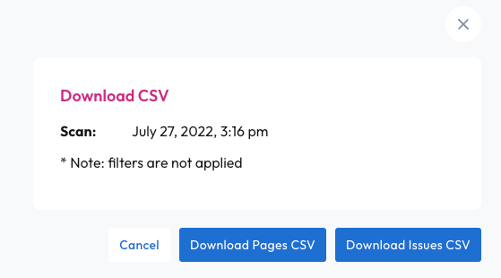 The download CSV file options including download pages CSV, and download issues CSV.