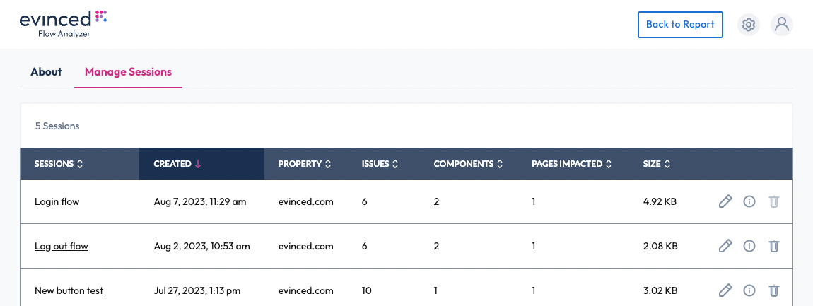 Manage sessions view