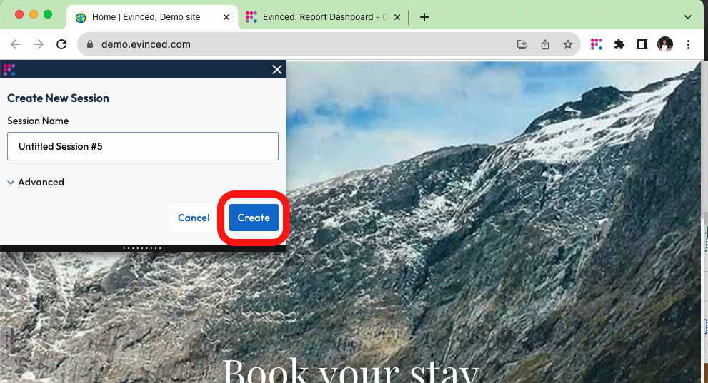 Create a new session screen