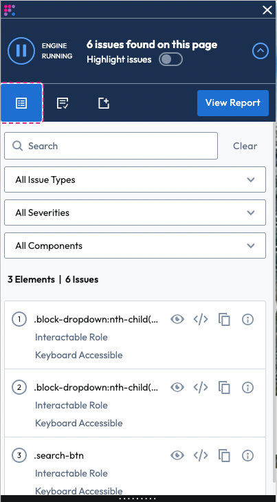 Issue list tab within the web flow analyzer panel