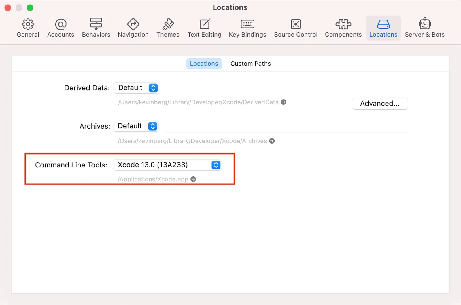 The Xcode "Locations" screen with the "Command Line Tools" section highlighted