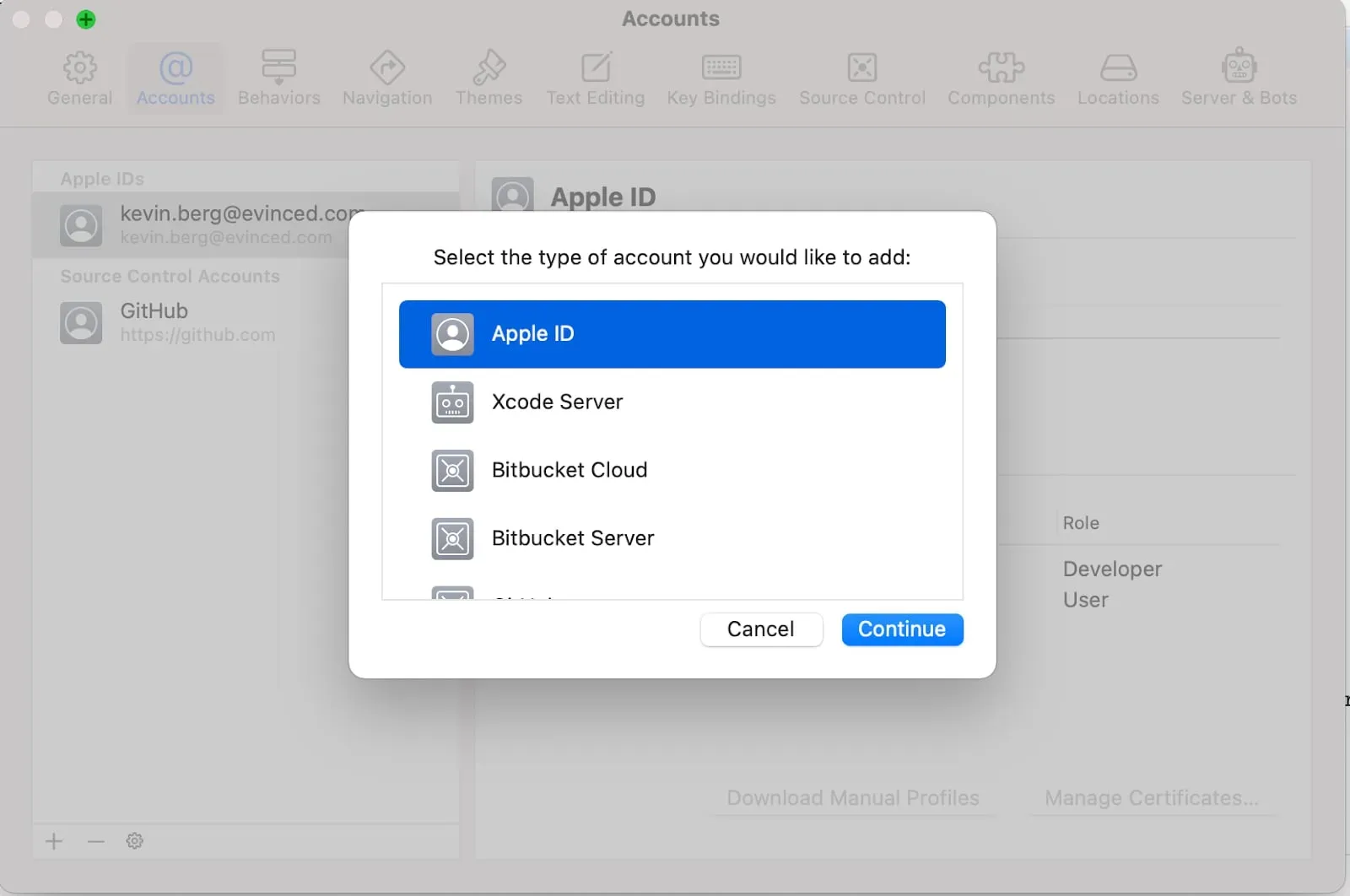The Xcode Accounts screen. The "Select Account Type" is opened with the "Apple ID" option highlighted