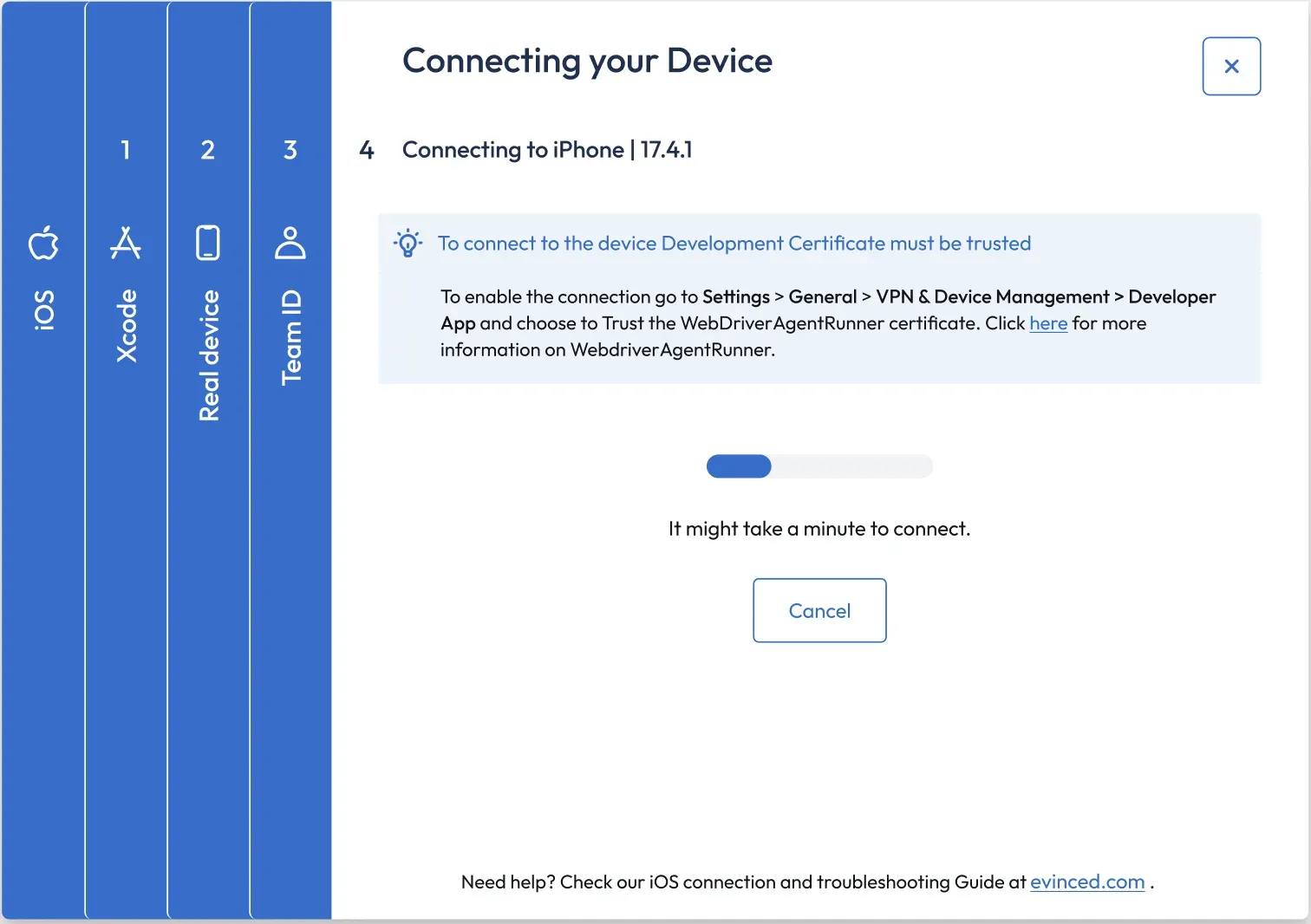 Mobile Flow Analyzer connecting to device screen displaying progress