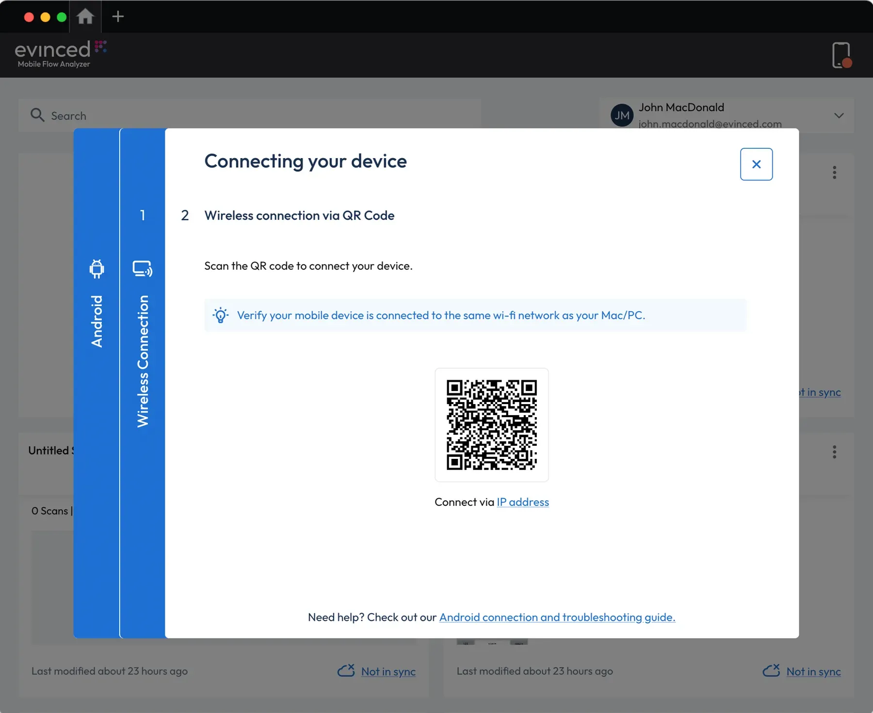 Android device wireless connection screen displaying QR code
