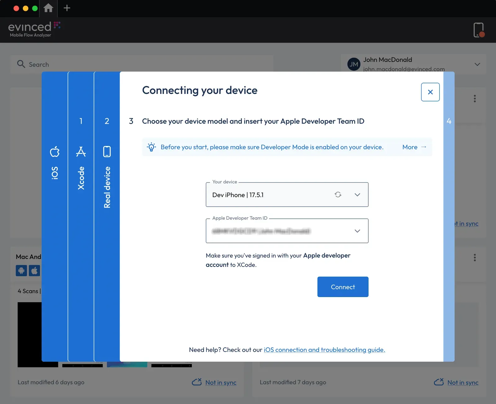 Mobile Flow Analyzer screen with “Your device” and “Apple Developer Team ID” selections