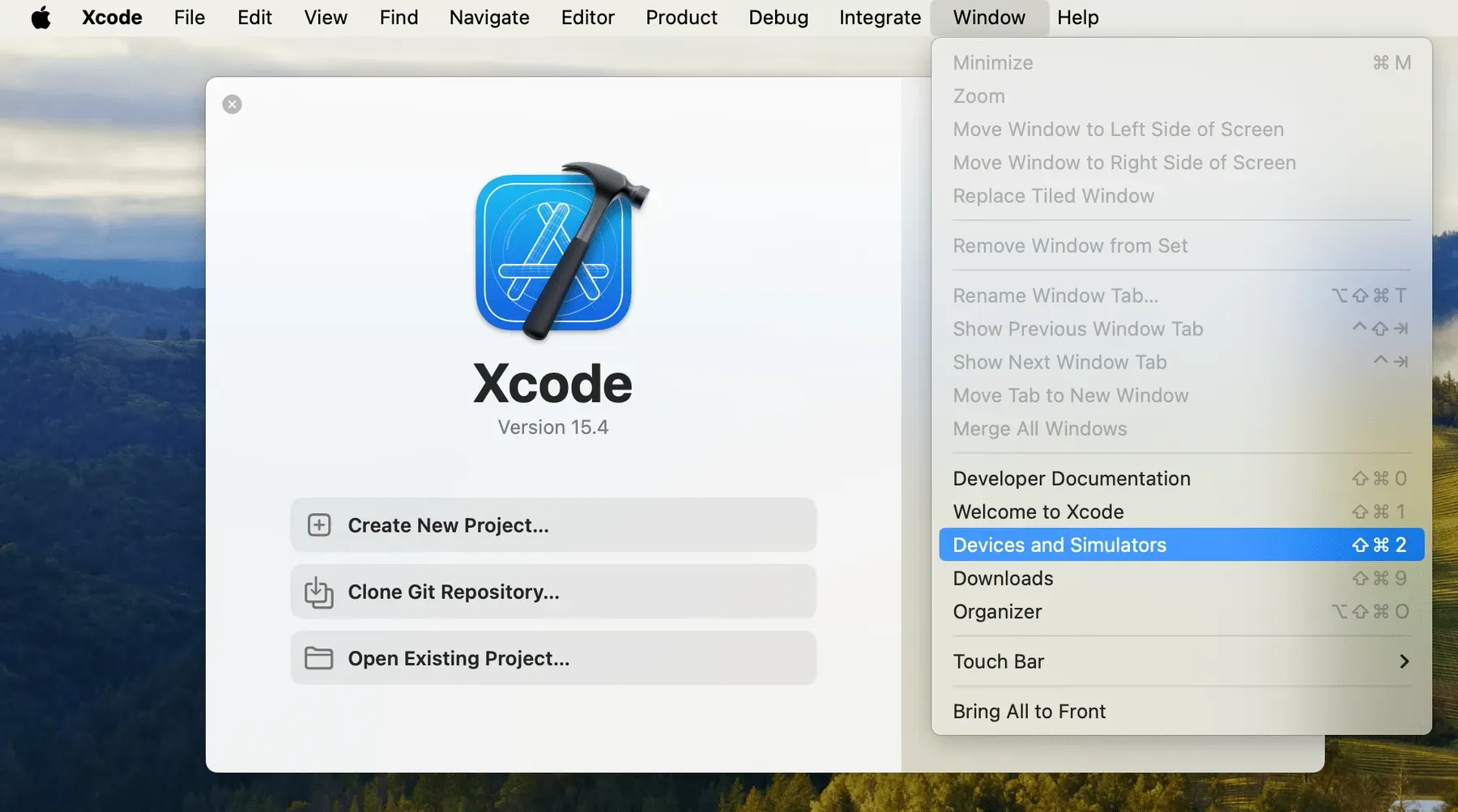 Xcode Windows menu showing Devices & Simulators option