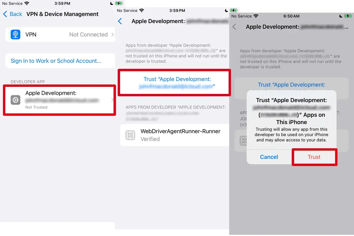 VPN & Device Management settings showing “Apple Development, Not Trusted” and screenshots showing steps to trust
