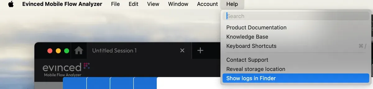 Mobile Flow Analyzer Help menu with “Show logs in Finder” selected