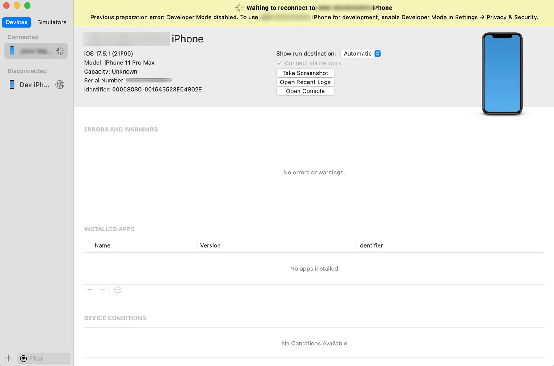Xcode Devices & Simulators panel with a device selected and “Waiting to connect” message