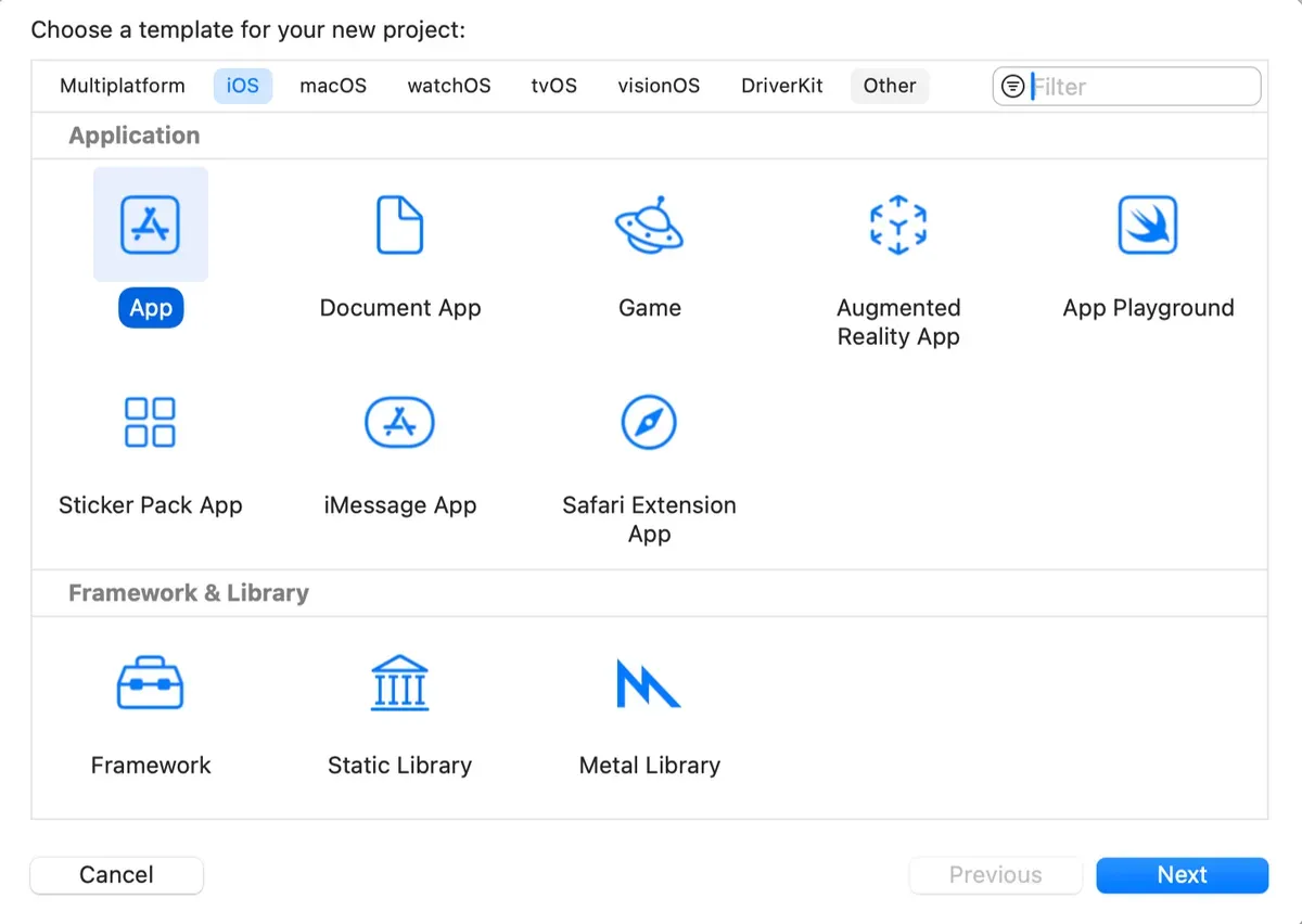 Xcode choose-a-template dialog with iOS App selected