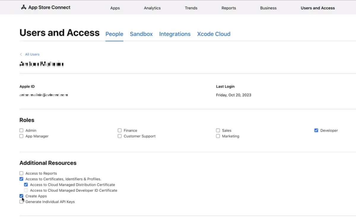Developer Account Users and Access panel with permissions set as described