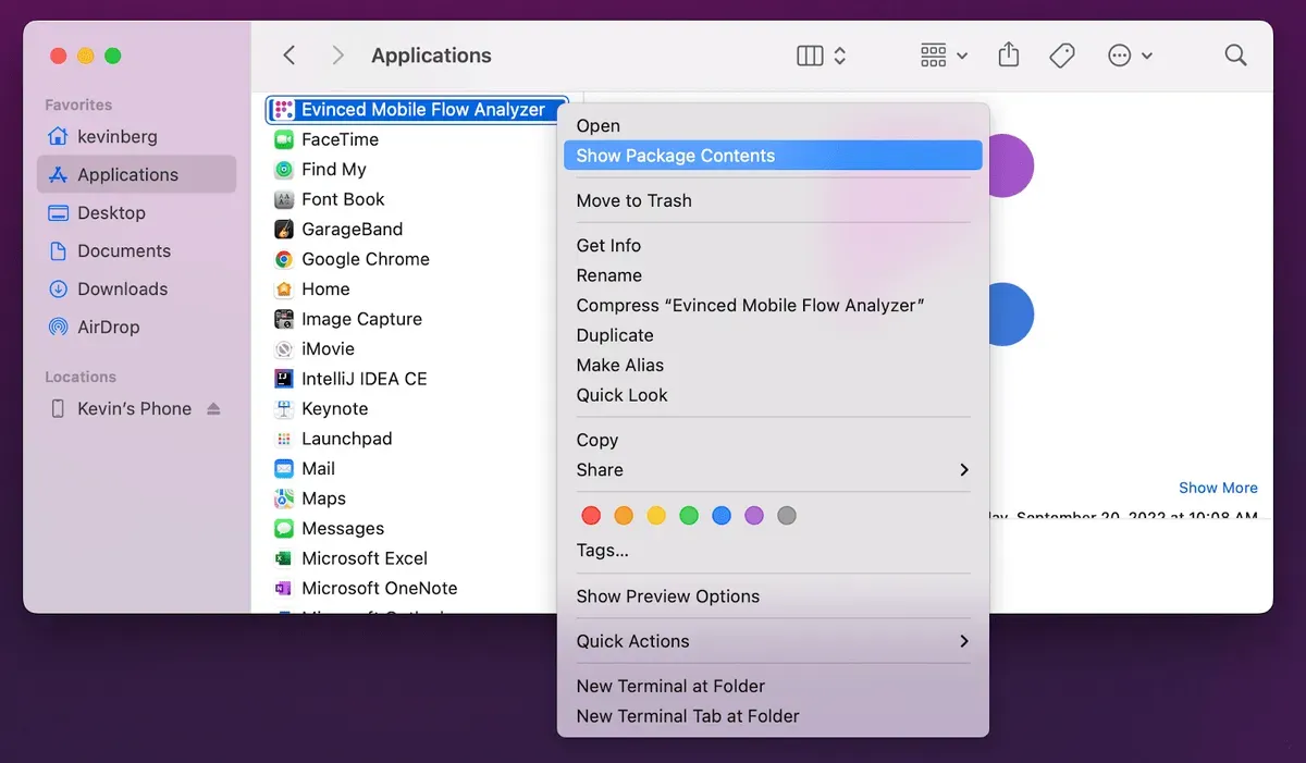 Right-click Finder menu for Evinced Mobile Flow Analyzer app with “Show Package Contents” selected