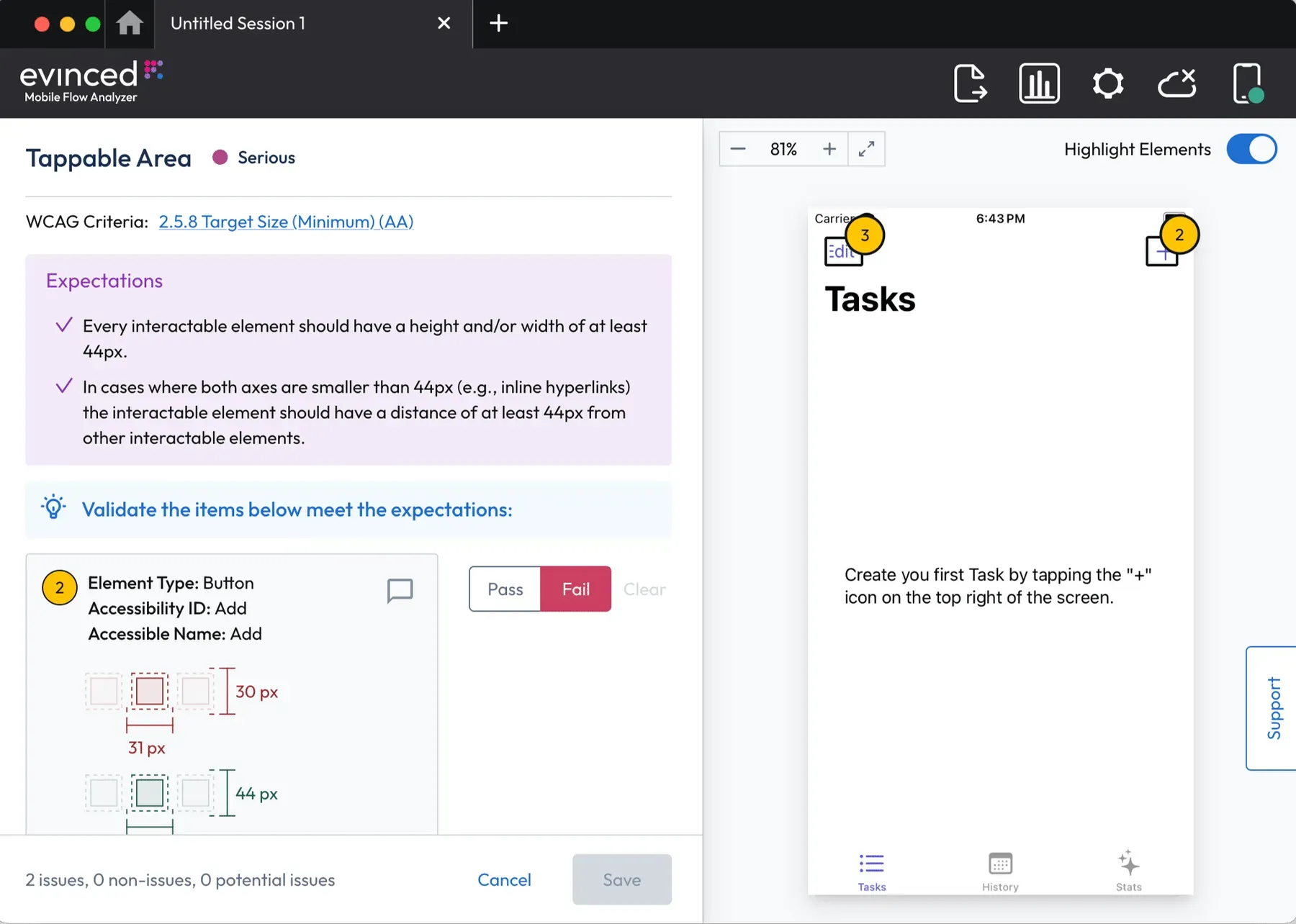 Issue edit screen showing expectations, element details and pass-fail toggle