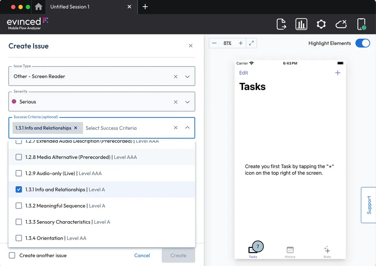 Create issue panel with example selections