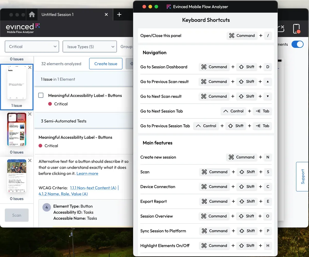 Popup panel showing keyboard shortcuts as listed