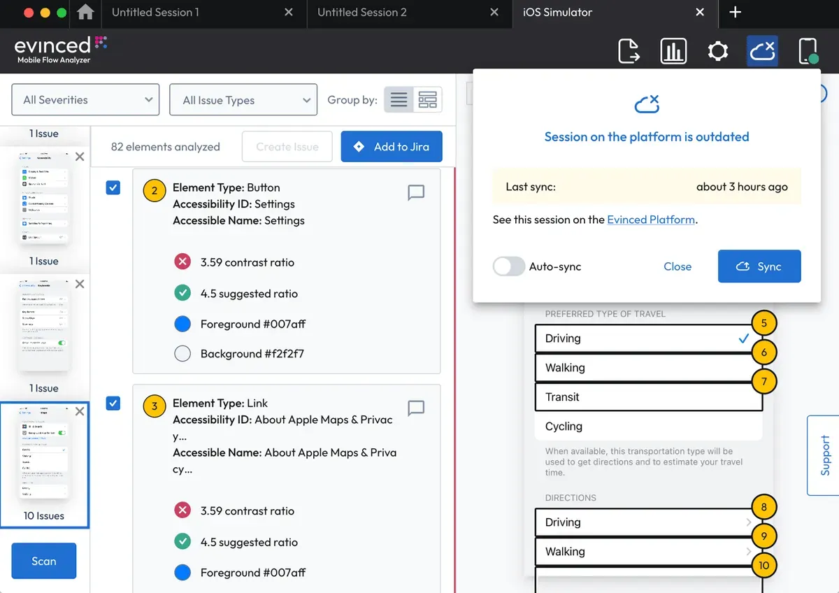 Sync dialog displaying “Session on the platform is outdated” tells last sync time, has link to session on platform, toggle to auto-sync, and buttons to sync or close dialog