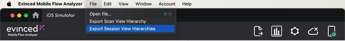 Mobile Flow Analyzer System menu with Files menu open, showing options to open or export a view hierarchy