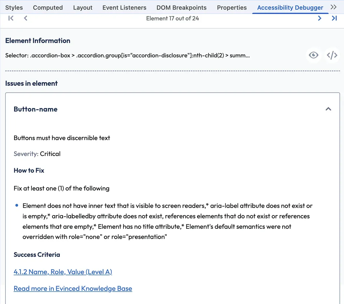 Debugger page analysis reporting a button with two issues: button-name and nested-interactive. Button-name disclosure is expanded.