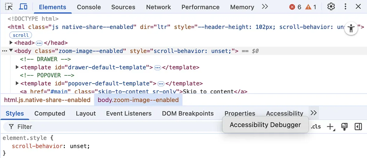 Chrome DevTools with Elements panel open and “Accessibility Debugger” tab selected 